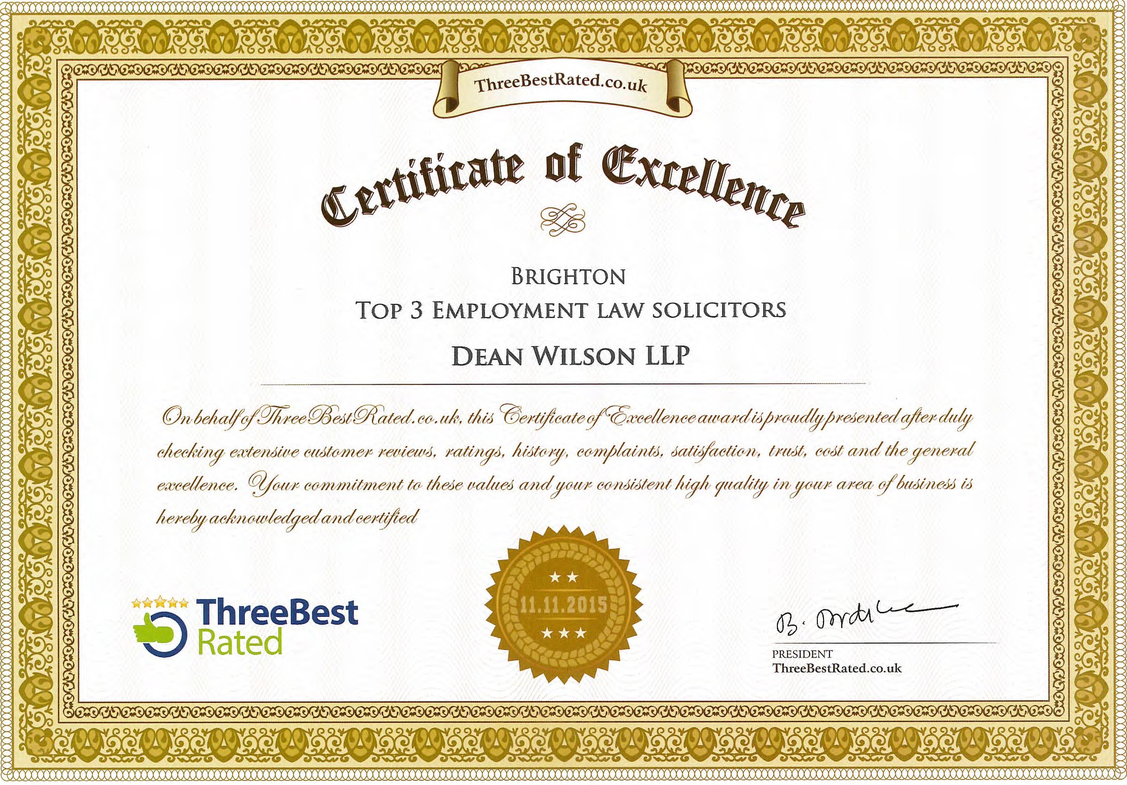 Dean Wilson Employment Solicitors rated top 3 in Brighton